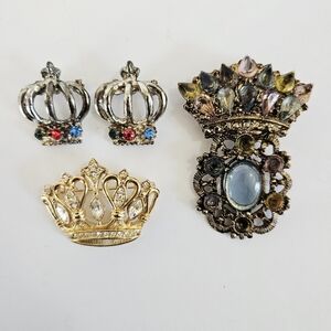 Vintage Lot of 4 Rhinestone Cabochon Colorful Crown Clear Brooch Pins KJL Avon